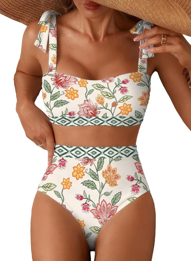 Herseas Women's Tie Shoulder Bikini Sets 2 Piece Striped Swimsuits High Waisted Bathing Suits (Large, Multicolor Floral Geometric)