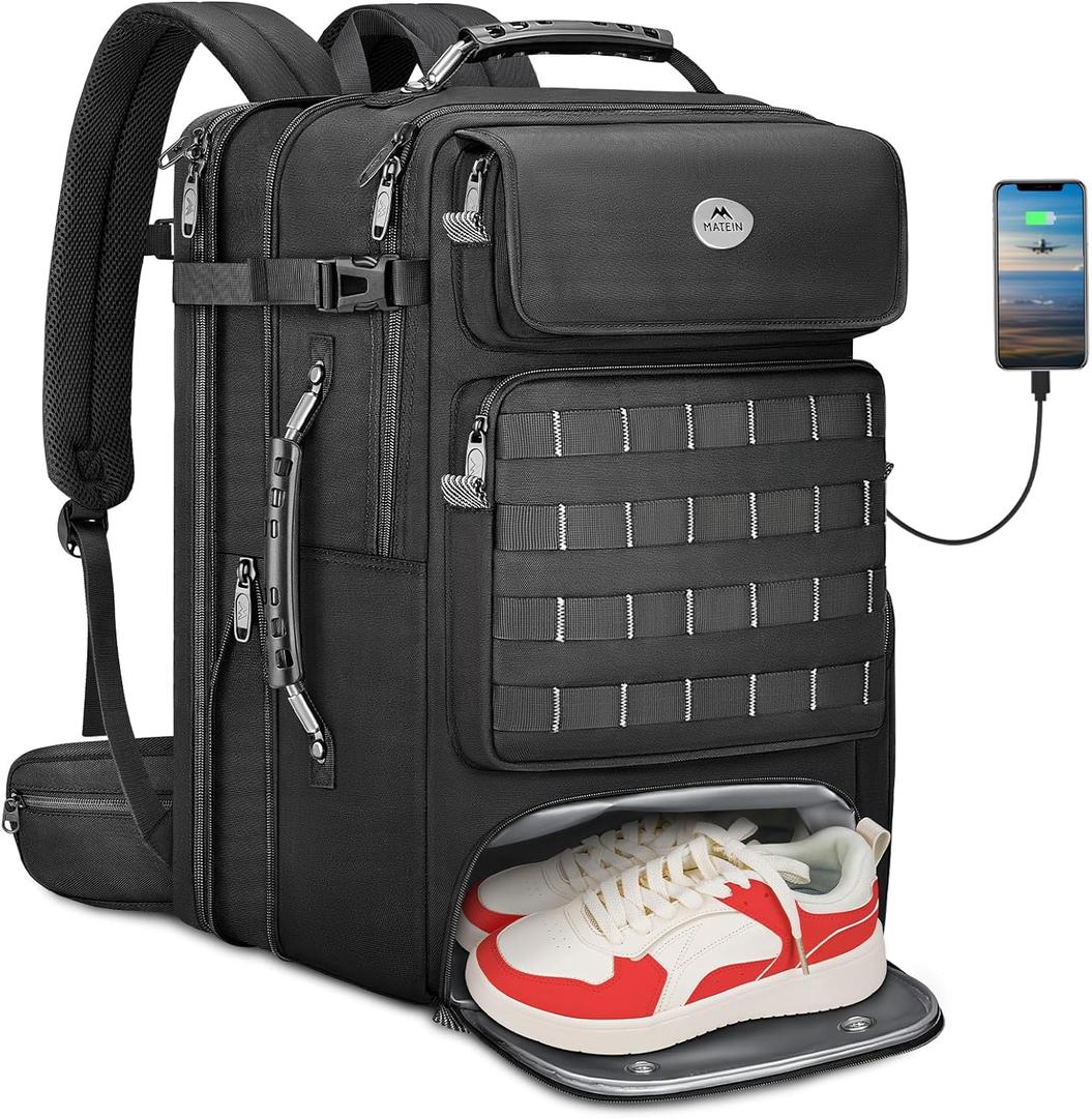 MATEIN Expandable Travel Backpack With Shoe Compartment, 52L Large Luggage Suitcase with Waist Straps & USB Charging Port, 17 Inch TSA Laptop Backpack With 3 Packing Cubes for Men, Black
