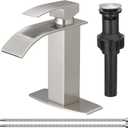 BESy Waterfall Bathroom Faucet, Single Handle Bathroom Vanity Sink Faucet, Rv Faucet Deck Plate, Stainless Steel Brushed Nickel, 1 or 3 Hole with Pop Up Drain