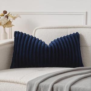 UGASA Lumbar Throw Pillow Cover 12x20 Inch Set of 1 Super Soft Faux Fur Decorative Pillow Case Plush Flannel Texture Accent Rectangle Pillowcase for Sofa Couch Living Room Chair, Navy Blue