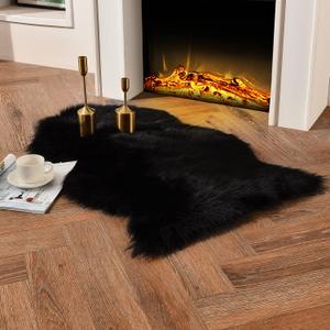 duduta Black Faux Sheepskin Fur Throw Rug 2x3 ft, Fluffy Shag Chair Cover Small Bedside Dorm Rug Non Slip Machine Washable