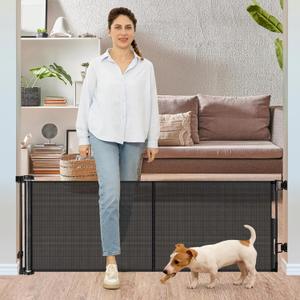 24 Inches Tall Retractable Baby Gates for Doorways, Short Dog Gates to Step Over, Extends up to 55" Wide, Reinforced Mesh Baby Gate for Kids or Pets, Doggie Gates Puppy Gates for The House  Black, Reinforced 24" Tall X 55" Wide