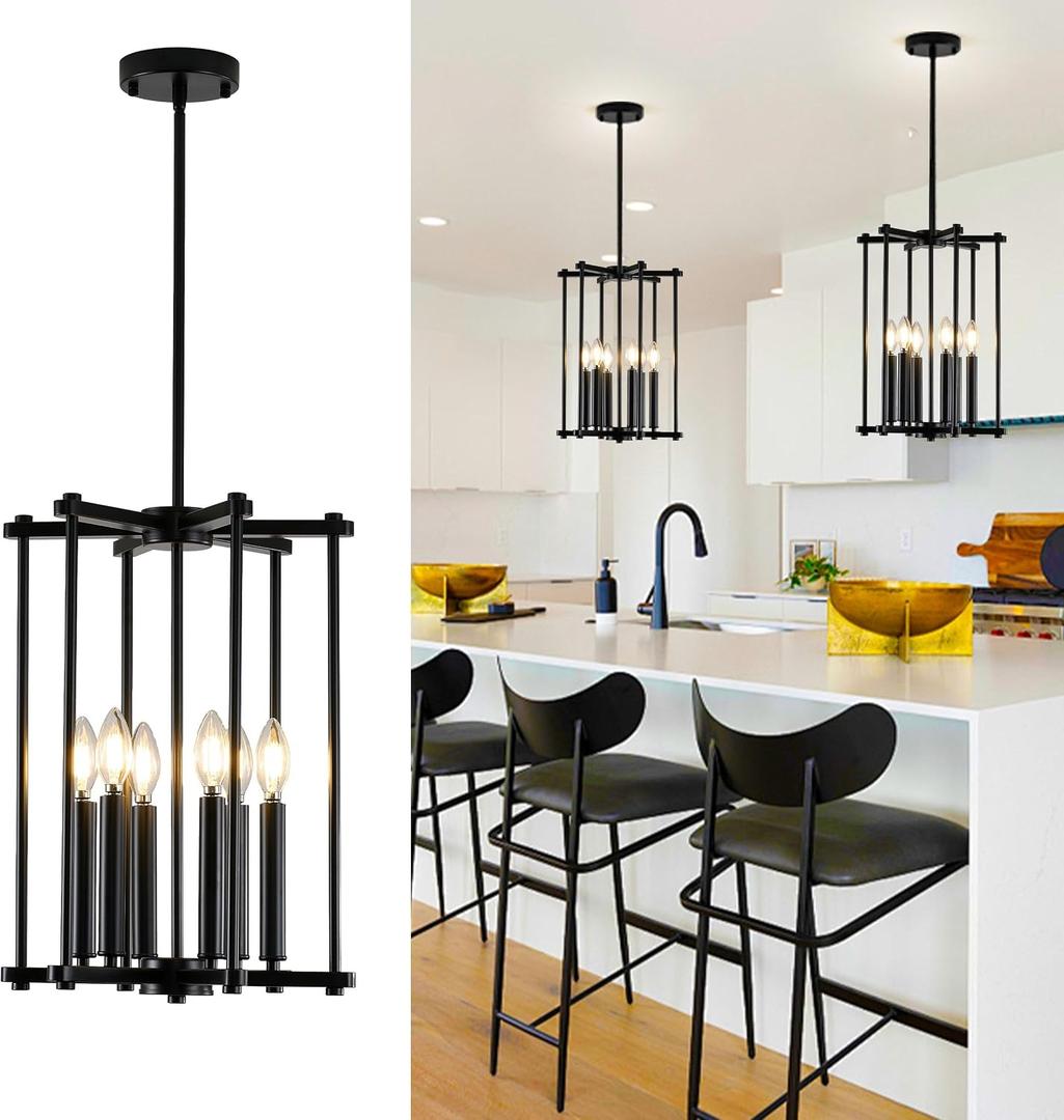 Black Farmhouse Chandelier 6-Light for Dining Room, Kitchen Island & Entryway, Adjustable Metal Cage Light Fixture for Foyer, Living Room, Rustic Industrial Hanging Pendant, E12 Base