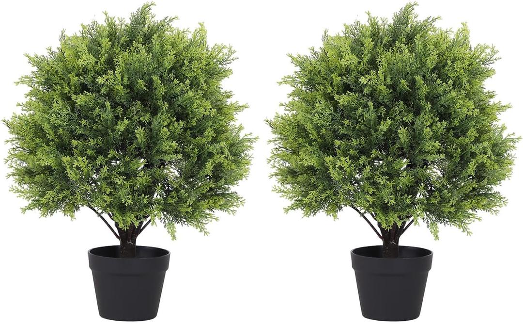2ft Artificial Cedar Topiary Ball Trees Outdoor, 24" UV Resistant Faux Potted Plants Outside, Realistic Fake Greenery Evergreen Pine Cypress Bushes Shrubs for Front Porch Planter Indoor Decor Set of 2