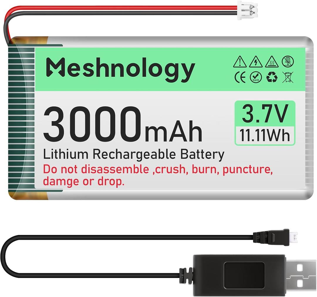 3.7V 3000mAh Li Battery with USB Charger Cable 103665 1S LiPo Battery with Protection Board Insulated Rubber Tape and Micro JST 1.25 Plug for Arduino ESP32 Module Board Drone RC Car (Pack of 1)