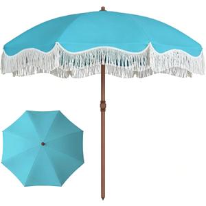 7ft Patio Umbrella with Fringe, Boho Beach Umbrellas, Outdoor Tassels Umbrellas with Push Button Tilt & Carrying Bag, 8 Windproof Fiberglass Ribs, UPF50+
