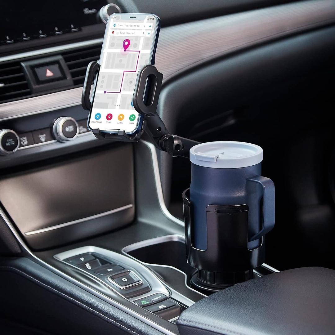 Cup Holder Phone Mount, 2 in 1 Cup Holder Expander for Car Long Arm with 360Rotation Cup Holder Cell Phone Holder for Car Compatible with All Smartphones