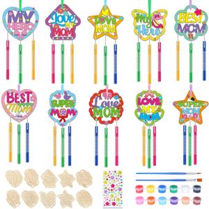 DoubleFill 30 Pack Mother's Day Wind Chime Kit Mom Crafts Make You Own Wind Chimes DIY Coloring Wooden Art and Craft Bulk for Mom's Birthday Gifts Party Decoration Hanging Ornaments