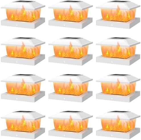 APONUO Solar Post Cap Lights with Flickering Flame & Warm White, 12-Pack for 4x4 Wood/ 5x5 Vinyl Posts, Solar Powered Deck & Fence Lights, Auto On/Off, IP65 Waterproof, Glossy White