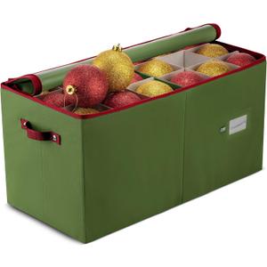 ZOBER Large Christmas Ornament Storage Box - Stores 54 4" Large Ornaments, With Dividers - Ornament Organizer Storage Box, Durable Christmas Containers Holder, Dual Zipper - Green