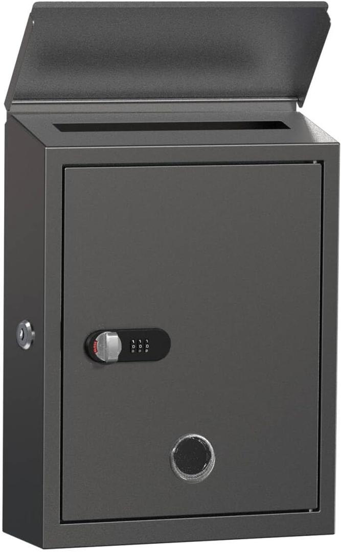 Mailbox with Combination & Key Unlock, Metal Mail Boxes Suggestion Box Wall Mount, Business Key Drop Box, Locking Post Box for House, Weatherproof, Large Capacity 14x4x10in,Black