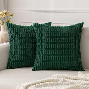 MIULEE Pack of 2 Dark Green Corduroy Decorative Pillow Covers 18x18 Inch Soft Boho Striped Throw Pillow Covers Modern Farmhouse Home Decor for Sofa Living Room Couch Bed (18" x 18" (Pack of 2))