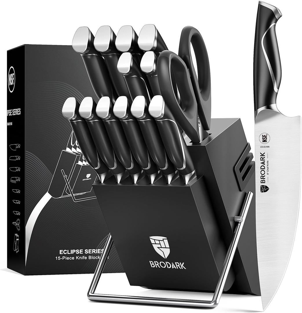 BRODARK Kitchen Knife Set with Block and Sharpener, 15 Pcs Sharp Knives Set for Kitchen, Christmas, Stainless Steel Full Tang Knife Block Set, Ergonomic Handle Professional Chef Kitchen Knives Sets