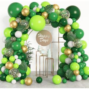 Amandir 163Pcs Jungle Party Balloons Garland Arch Kit, Gold Lime Green Balloons with Artificial Tropical Palm Leaves for Dinosaur Safari Decorations Wild One Birthday St Patricks Day Party Supplies