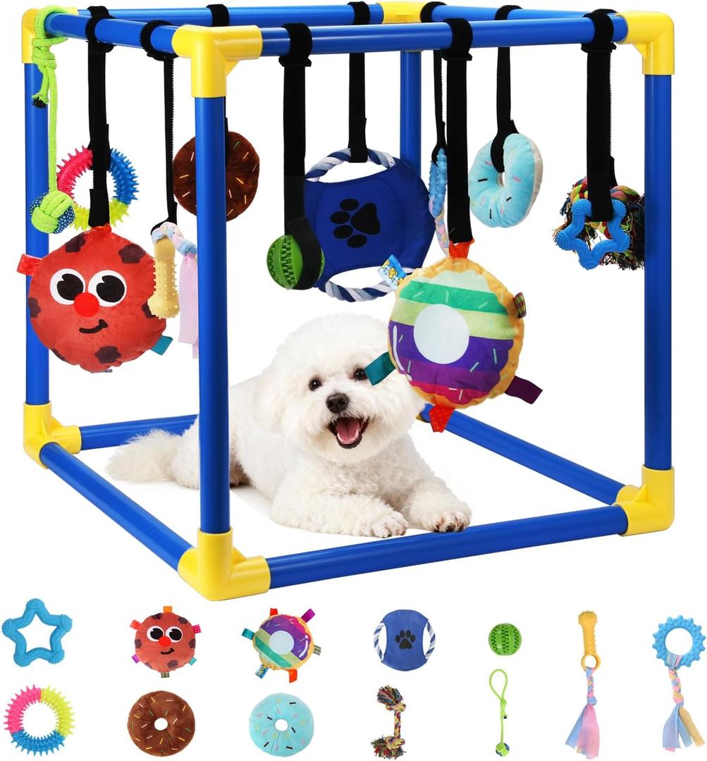 Puppy Play Gym with 12 Hanging Toys, Removable Dog Enrichment Playground, Interactive Indoor Training Activity Center for Small Dogs & Puppies, Adjustable PVC Frame, Teething & with Squeaky Toys