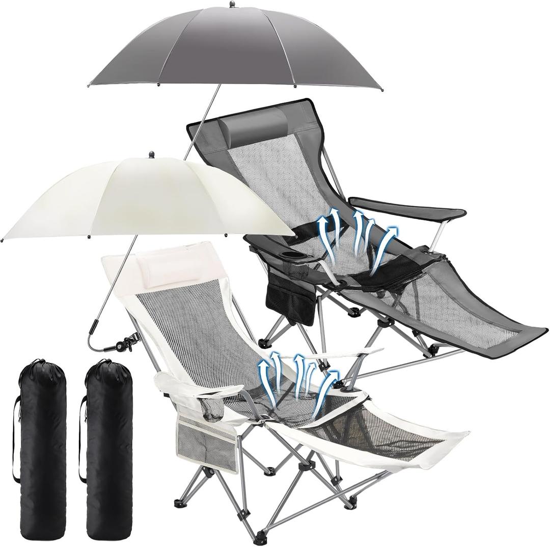 Yuntau 2 Set Reclining Beach Chair and Umbrella for Adults, Outdoor Camping Foldable Sand Chairs with Umbrella, SPF 50+, High Back, with Foot Rest, Cup Holder and Mesh Bag