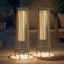 TRIROCKS Outdoor Floor Lamp 2 Piece Solar Powered Lantern Wicker Solar Patio Lamp with Olifen Rope Waterproof Rattan Outside Solar Deck Light for Patio Garden Lawn Yard (Grey)