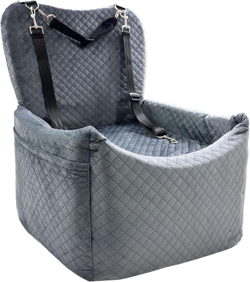 Small Medium Dog Car Seat Memory Foam Sponge Booster for Medium Dogs Under 35 lbs Ensure Comfort with Thick Cushion Detachable Washable Dog Bed Pet Car Seat with Storage Pockets for Toys Food (Grey)