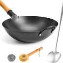 WANGYUANJI 13.4" Round-Bottom Iron Wok, Deep Chinese Stir-Fry Pan (Seasoning Required), Wok Ring Required, Not Flat-Top/Induction  No Lid, No Ring,Wooden Handle, Coating-Free