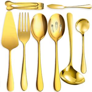 8 PCS Stainless Steel Serving Utensils, Large Serving Spoons Slotted Spoons, Forks, Ice Sugar Tongs, Cake Server, Soup Ladle, Metal Utensils Set Great for Buffet Catering Banquet Party, Gold