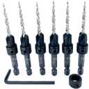 FTG USA 6 Pc #6 (9/64") Countersink Drill Bit Set with Depth Stop Collar, Hex Wrench - Tapered Drill Bits for Wood