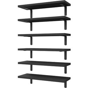 WOPITUES Wood Floating Shelves Set of 6, Shelves for Wall Decor, Farmhouse Shelf for Bedroom, Bathroom Storage Shelves, Book Shelves for Living Room-Black, 16.5 Inch