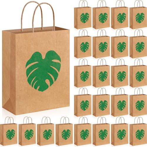 Kolldenn 24 Pcs Kraft Hawaiian Tropical Gift Bags Palm Leaves Luau Party Favor Goodie Treat Bags with Handle for Summer Hawaii Aloha Festival Party Supplies