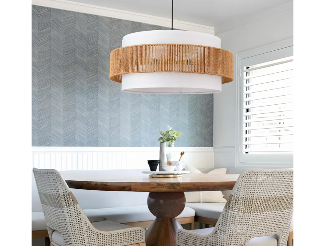 Large Rattan Fabric Chandeliers, 22.4in Boho Pendant Light with Shade, Woven Rope Light Fixture for Dining Room, Kitchen Island, Living Room, Restaurant, Bedroom, Hallway