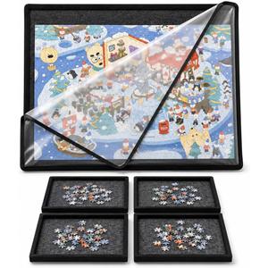 2000 Pieces Puzzle Board with 4 Sorting Trays & Protective Cover, 45.7" x 30.7" Portable Foldable Felt Puzzle Playing Surface - Lightweight Storage & Game Night Organizer