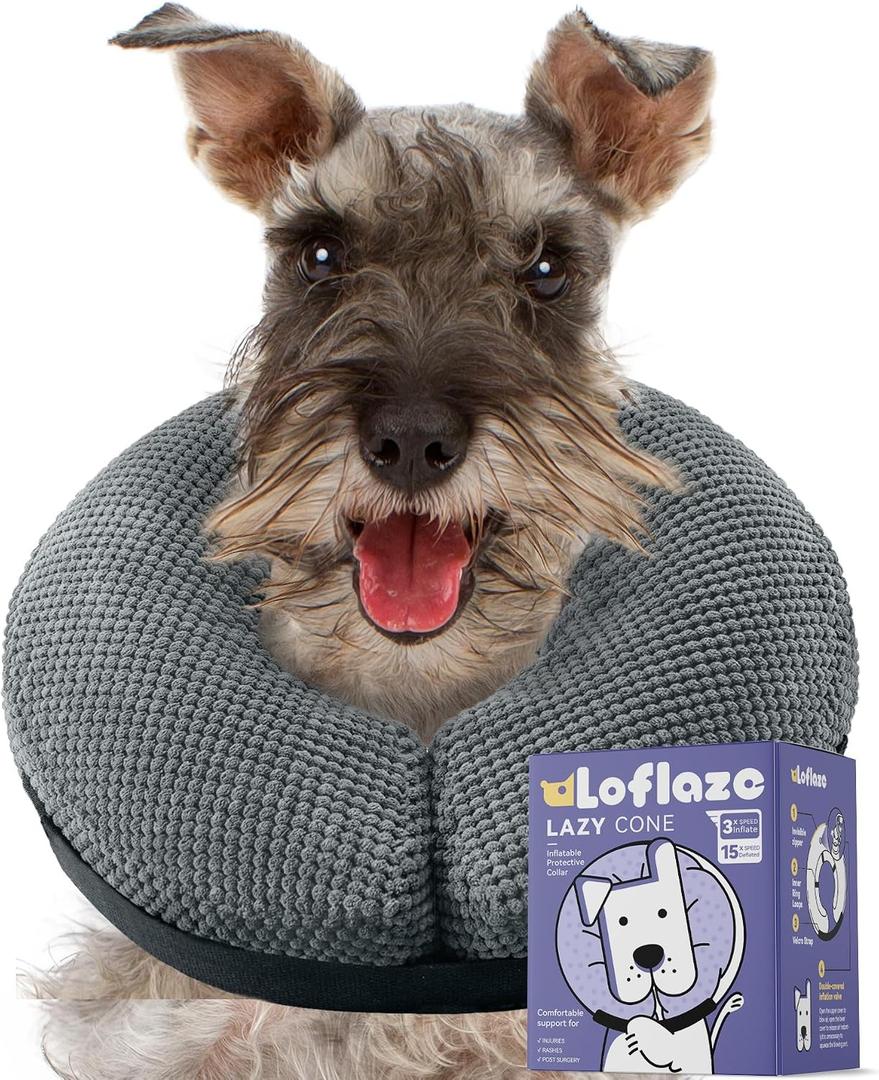 Loflaze Soft Inflatable Dog Cone Collar Alternative After Surgery - Dog Neck Donut E Collar for Large Medium Small Dogs Cats Post Surgery - Recovery Collar to Stop Licking - Grey, M+ (Black)