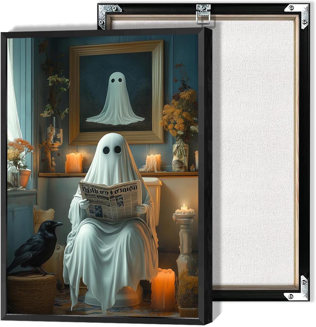 Trendy Halloween Bathroom Ghost Wall Art Ghost On Toilet Reading Newspaper Canvas Posters Goth Dark Academia Horror Prints Painting For Living Room Bedroom Wall Decor 16x24in Unframed (16L" x 24W")