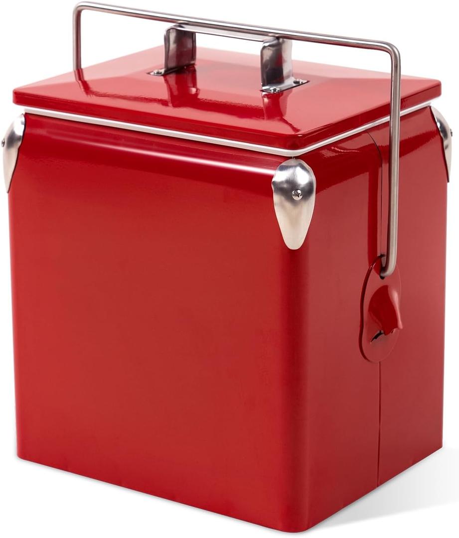 Retro Cooler 14 Quart - Portable Metal Vintage Ice Chest with Bottle Opener, Waterproof Stainless Steel Cooler, Outdoor Ice Bucket for Camping, Picnic, Beach, BBQ, Tailgating & Fishing