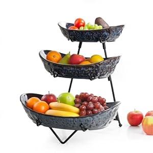 KOKUNKA 3 Tier Fruit Bowls with Metal Stand, Porcelain Fruit Basket for Kitchen Counter Fruit Display Stand for Party, Vegetable, Snack, Dessert, Blue