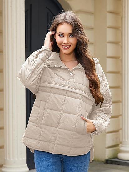 Womens's Lightweight Down Coat Long Sleeve Button Quilted Pullover Puffer Jacket Packable Hooded Winter Coat, Beige
