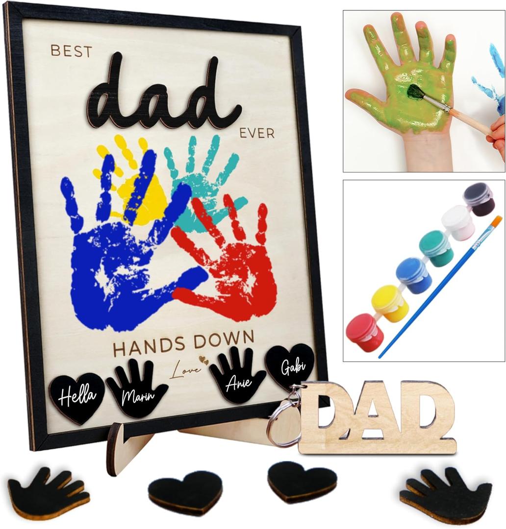 10" Best Dad Ever Hands Down DIY Handprint Kit with Acrylic Paint, Art Craft Family Keepsake Wood Frame Dad Keychain Birthday Father's Day Gift for Daddy, Papa Family Sign with Kids Names HF90-D