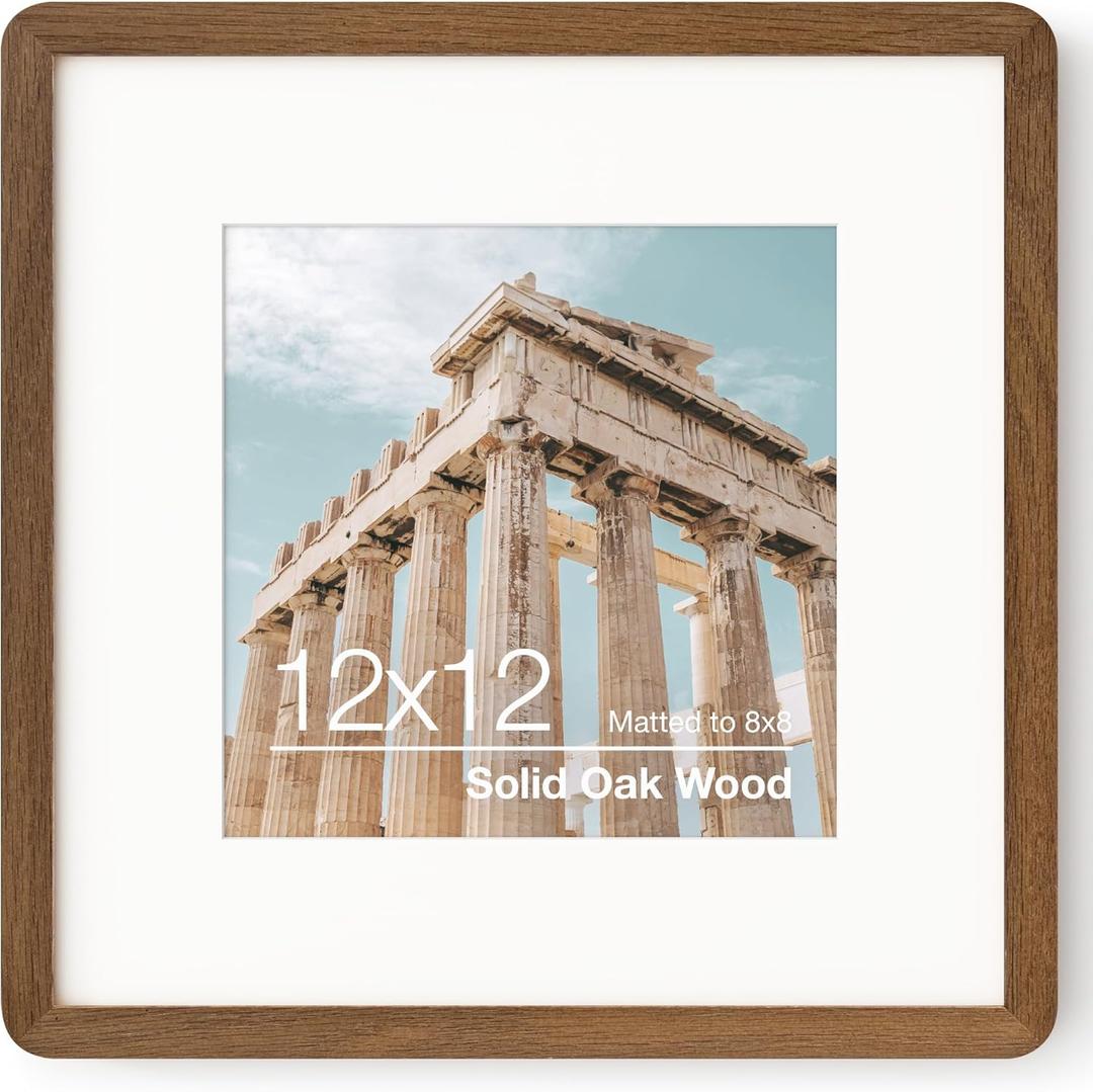 12 x 12 Picture Frame | Solid Oak Wood Square Picture Frame | 12x12 Picture Frame With Mat For 8x8 | Tempered Glass And Hanging Hardware Included | 12 By 12 Picture Frame Wood (Walnut, 1 Pack) (12''x12''-1P)