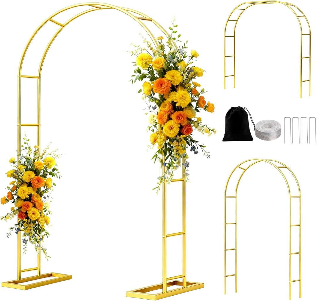 6.6FT Metal Garden Arch Trellis Arbor, Wedding Arch Stand with Steel Frame, Metal Pergola Arbor with Base, Assemble Freely 3 Sizes, for Valentines Day Garden Trellis Climbing Plant, Bridal Party (Gold)