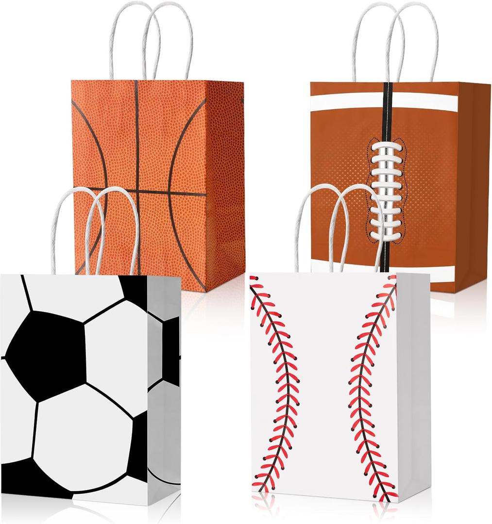 Leezmark 28 Pcs Sports Party Favor Bags - Sports Theme Paper Gift Bags with Handles for Basketball Soccer Baseball Football, Kids Sports Birthday Party Decorations & Goodie Bags