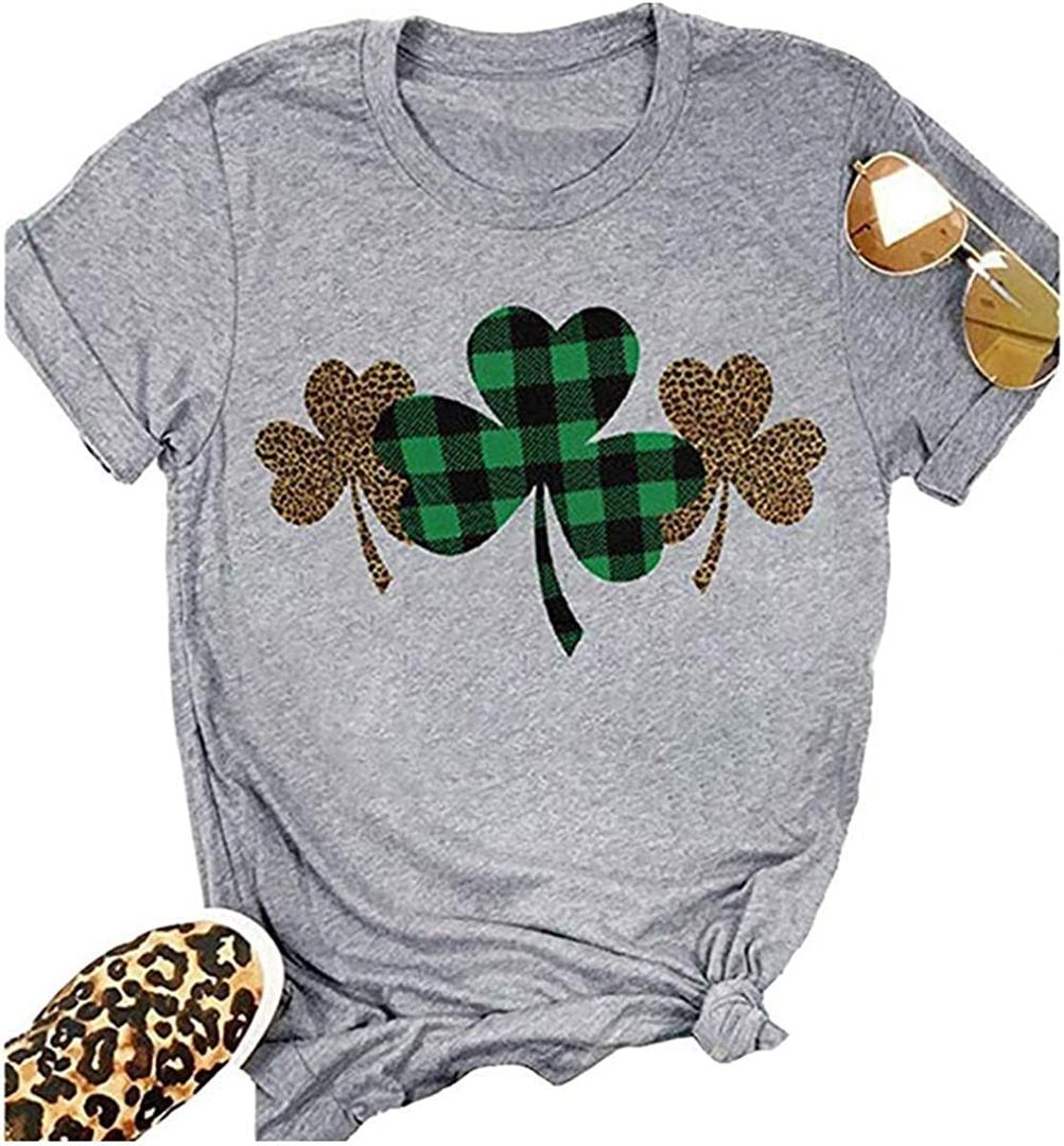 Ykomow St Patricks Day Shirts Womens Short Sleeve Leopard Clover Graphic Tees (XL, Grey) (XL)