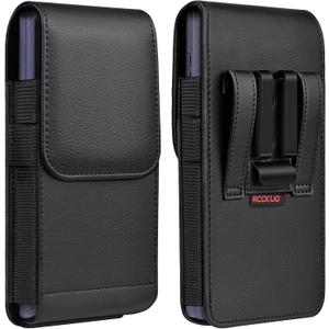 Leather Phone Holster with Strong Metal Belt Clip and Magnetic Closure Compatible with iPhone 16/15/14/13/12 Pro Max, Galaxy S25/S24/S23/S22 Plus & FE, L-Black