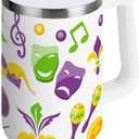 Pigsaly Carnival Mardi Gras 30oz Stainless Steel Vacuum Insulated Tumbler With Lid And Straw Fat Tuesday Carnival Tumbler With Handle Double Wall Vacuum Travel Coffee Mug Water Bottle For Women Men (Multicolor)