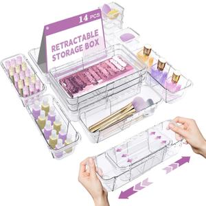 14 Pcs Clear Drawer Organizer, Adjustable Drawer Storage Box, 3-Size Desk Drawer Organizer, Acrylic Storage Bins for Makeup, Cosmetic, Kitchen Utensils, Bedroom Dressers Tool Organizer for Gadgets