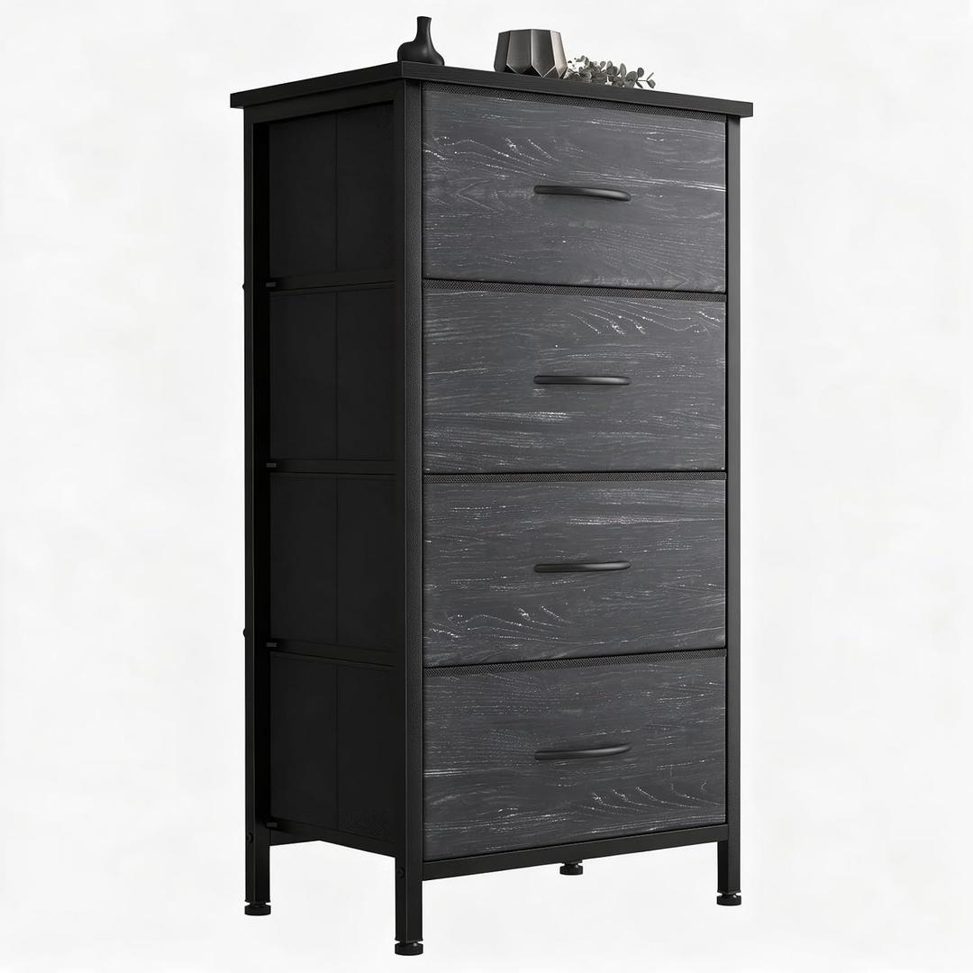 DUMOS Nightstand with 4 Drawers Bedside Table with Removable Fabric Bins Sturdy Steel Frame Wood Top Organizer Furniture for Bedroom Closet Living Room,Black Wood Grain, 11.8"D x 17.7"W x 37.4"H