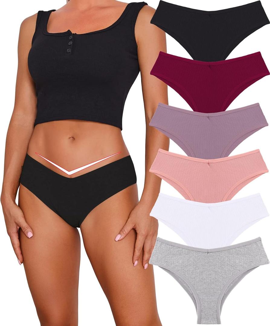 CuteByte 10 Pack Womens Cotton Underwear Sexy Stretch V-Waist Ladies Panties Low Rise Cotton Cheeky Hipster S-XXL (Large)