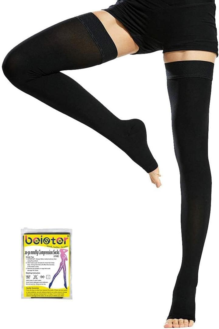 Beister 1 Pair Medical Open Toe Thigh High Compression Stockings with Silicone Band for Women & Men, Firm 20-30 mmHg Graduated Support for Varicose Veins, Edema, Flight, No Size