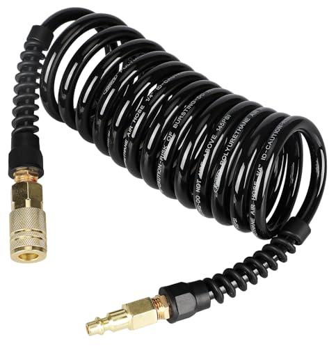 Keepro Polyurethane Recoil Air Hose, 1/4 Inch ID By 10 Feet Long Air Compressor Hose with 1/4" Repairable Solid Brass Industrial Quick Coupler and Plug, 145 PSI Maximum Pressure, Black