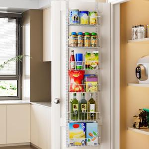 Delamu Pantry Door Organizer, Adjustable Metal Over the Door Pantry Organizer Rack, 6-Tier Over the Door Spice Rack, Kitchen Pantry Door Organizers and Storage, D5 W12 H52.1 inch, White, Small