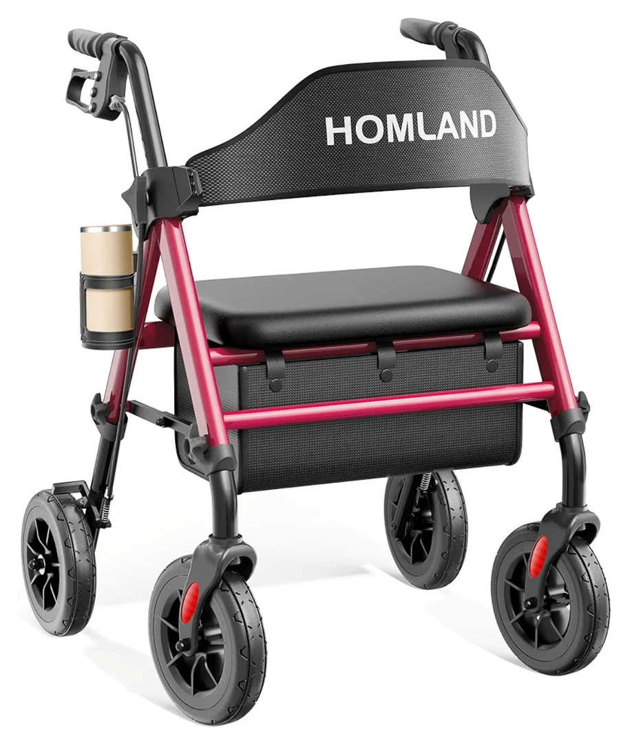 Walkers for Seniors with Seat, Foldable Rollator Walker, Reinforced Aluminum Frame, 8" Big Rubber Wheels for All Terrain, Height Adjustable Lightweight Rolling Walker