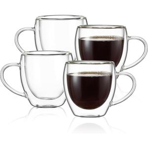 CNGLASS 5oz Espresso Mugs (Set of 4),Double Wall Insulated Glass Coffee Mugs with Handle,Espresso Shot Glasses,Clear Expresso Coffee Cups