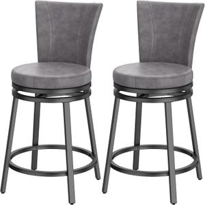 Bar Stools Set of 2, Counter Height Swivel Bar Chair with High Backrest, 24" Round Seat Barstools for Kitchen Island, Pub, Metal Base, Upholstered PU Leather Dining Chairs Grey